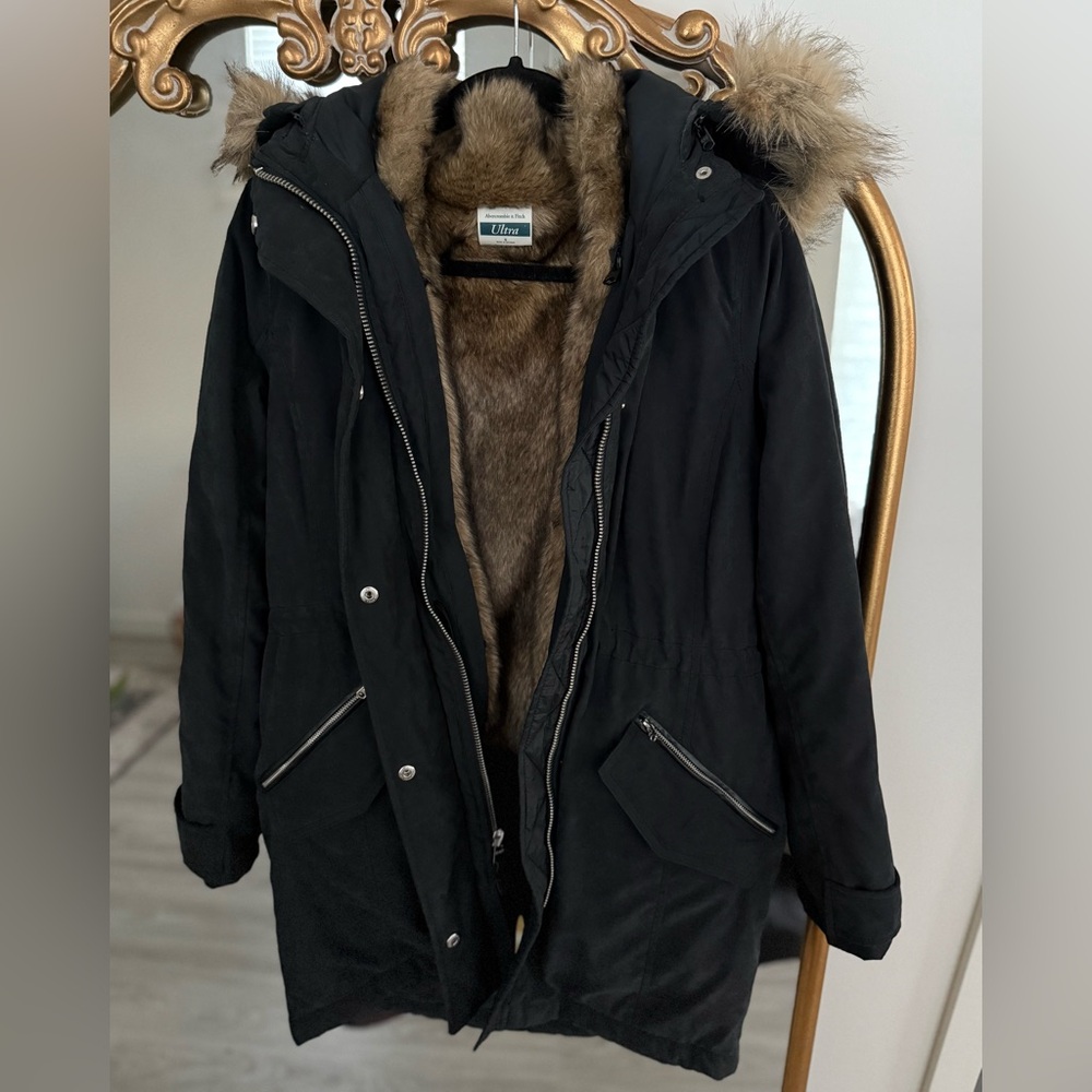 Abercrombie & Fitch Black Fur-Lined Parka with Faux Fur Hood